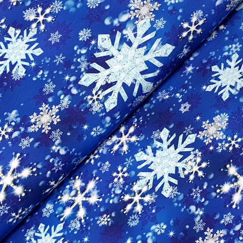 Jersey * Schneeflocken und Eiskristalle auf blau * Digitaldruck