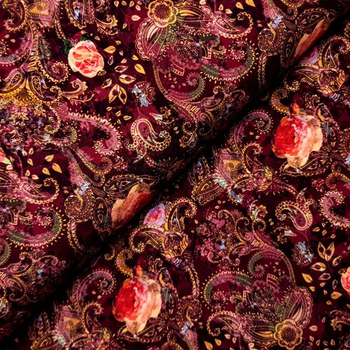 Viskosejersey * Paisley and Roses * weinrot * Digitaldruck