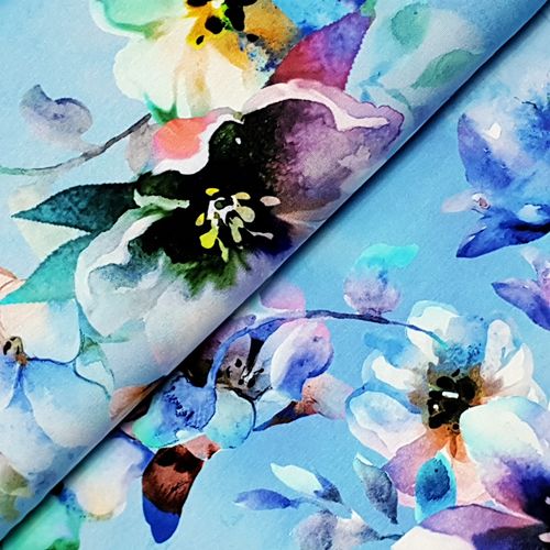 Viskosejersey * Watercolor Flowers * hellblau * Digitaldruck