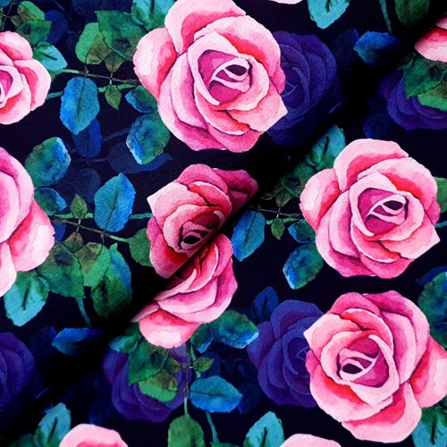 Viskosejersey * Pink Roses auf schwarz