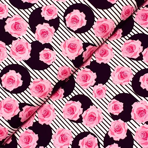 73x150 * Jersey * Pink Roses & Stripes