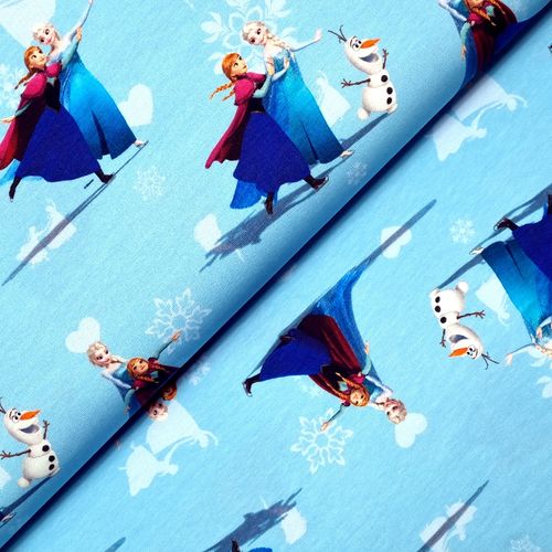 91x150 * Jersey * Frozen * Anna und Elsa mit Olaf auf hellblau